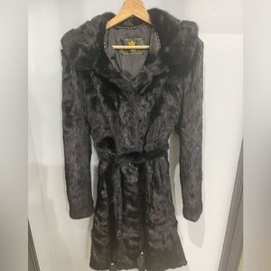 Black knee length hooded mink coat with secret pocket in excellent condition.